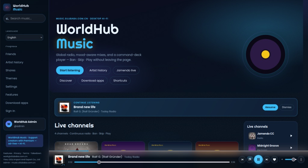 WorldHub Music web player — channels, Today Radio and the command deck